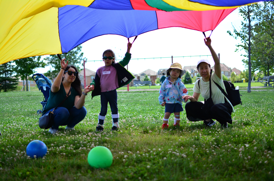 Kids playing parachute on the grass